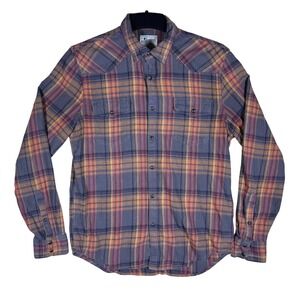Lucky Brand Saturday Stretch Mens Medium Plaid Pearl Snap Shirt Blue Orange